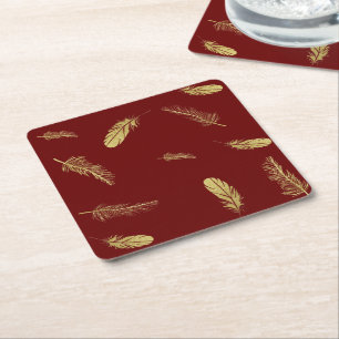 Dessous De Verre Carré Plumes dorées Rouge foncé