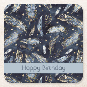 Dessous De Verre Carré Plumes Étoiles Anniversaire Or Bleu