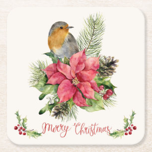 Dessous De Verre Carré Poinsettia, robin, saint, pin, cône Noël