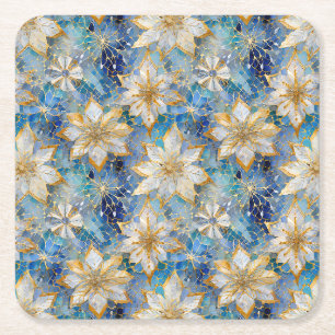 Dessous De Verre Carré Poinsettias de Noël Blanc Bleu