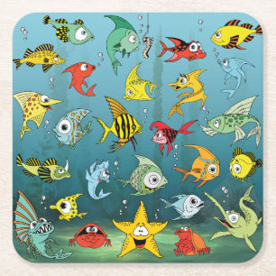Dessous De Verre Carré Poissons de bande dessinée sous-marins