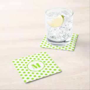 Dessous De Verre Carré Polka Dot Monogramme initial Lime vert sur blanc