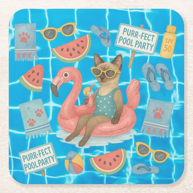 Dessous De Verre Carré Pool Birthday Party for Cat Lovers  (Devant)