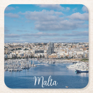 Dessous De Verre Carré Port de Sliema avec bâtiments et bateaux modernes