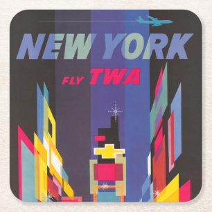 Dessous De Verre Carré Poster Vintage voyage, Fly Twa, New York