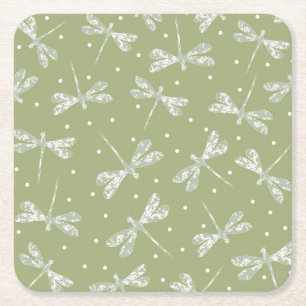 Dessous De Verre Carré Pots blancs et libellules vert olive