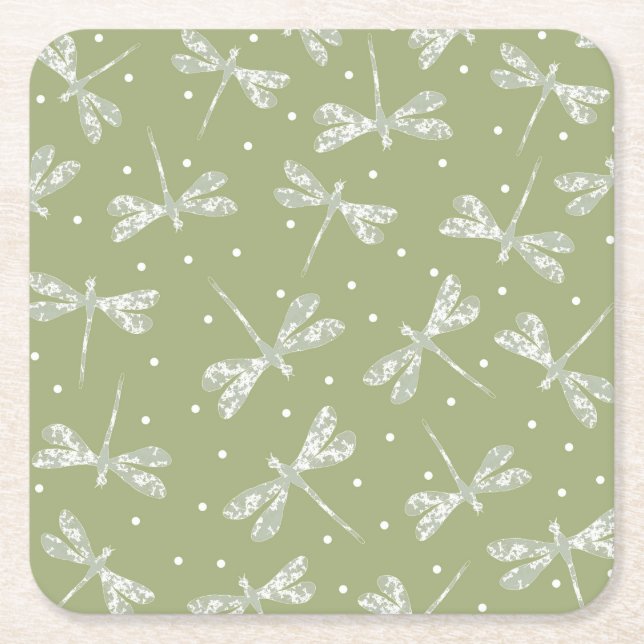 Dessous De Verre Carré Pots blancs et libellules vert olive (Devant)