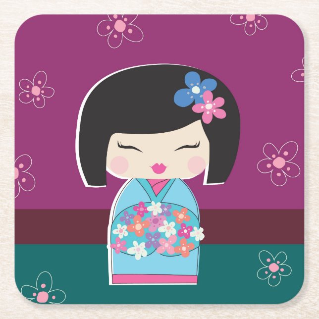 Dessous De Verre Carré Poupée Kokeshi, prune (Devant)