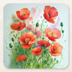 Dessous De Verre Carré Prairie de coquelicots, aquarelle -
