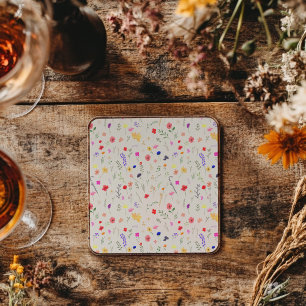 Dessous De Verre Carré Prairie de fleurs sauvages bohème peinte à la main