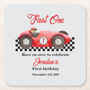 Dessous De Verre Carré Premier Anniversaire Red Race Car Fast One