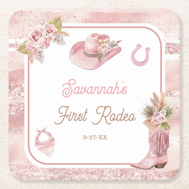 Dessous De Verre Carré Premier Rodéo Boho Rose 1er Anniversaire (Devant)