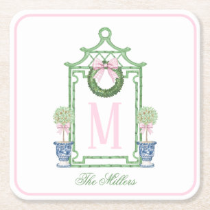 Dessous De Verre Carré Preppy Chinoiserie Pagode de Noël Monogramme