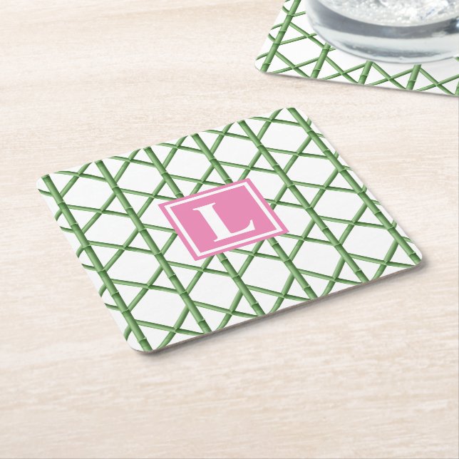 Dessous De Verre Carré Preppy Green Trellis Bamboo Motif Monogramme (Incliné)