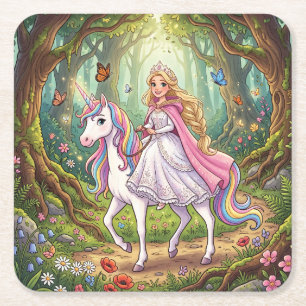 Dessous De Verre Carré Princesse de dessin animé chevauchant la licorne