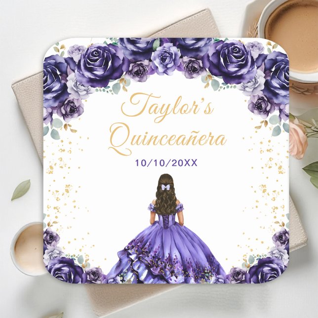 Dessous De Verre Carré Princesse violette foncée Floral Quinceañera (Créateur téléchargé)