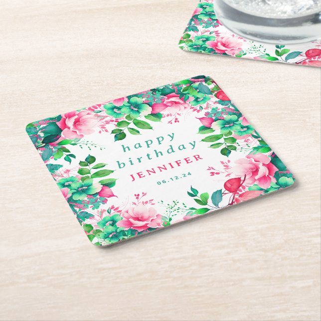 Dessous De Verre Carré Printemps Eté Aquarelle Floral Joyeux Anniversaire (Incliné)