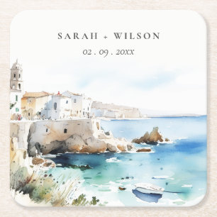 Dessous De Verre Carré Puglie, Italie Paysage aquarelle Mariage