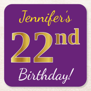 Dessous De Verre Carré Purple, Faux Gold 22e anniversaire + Nom personnal