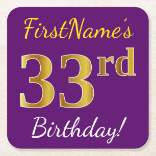 Dessous De Verre Carré Purple, Faux Gold 33ème anniversaire + Nom personn