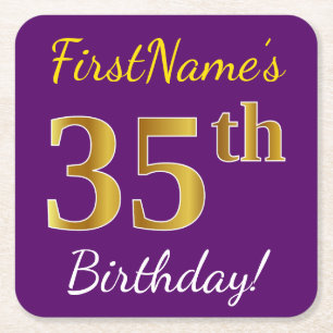 Dessous De Verre Carré Purple, Faux Gold 35e anniversaire + Nom personnal