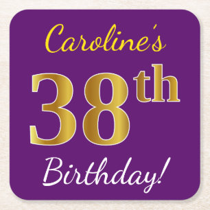 Dessous De Verre Carré Purple, Faux Gold 38e anniversaire + Nom personnal