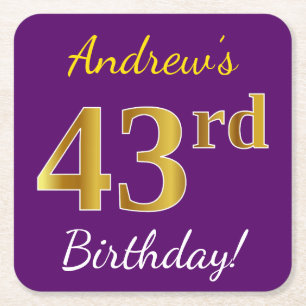 Dessous De Verre Carré Purple, Faux Gold 43ème anniversaire + Nom personn
