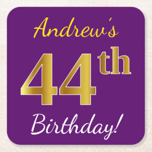 Dessous De Verre Carré Purple, Faux Gold 44e anniversaire + Nom personnal