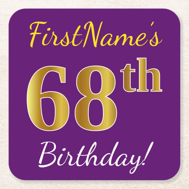 Dessous De Verre Carré Purple, Faux Gold 68e anniversaire + Nom personnal (Devant)