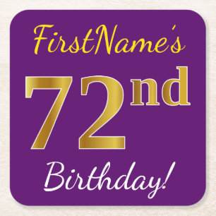 Dessous De Verre Carré Purple, Faux Gold 72e anniversaire + Nom personnal