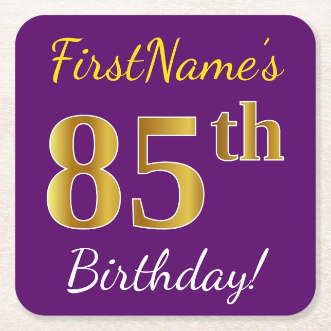 Dessous De Verre Carré Purple, Faux Gold 85e anniversaire + Nom personnal (Devant)