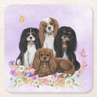 Dessous De Verre Carré Quatre Cavalier King Charles Spaniels dans les fle