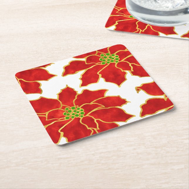 Dessous De Verre Carré Quatre Poinsettias d'or rouge (Incliné)