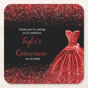 Dessous De Verre Carré Quinceanera Bright Red Faux Parties scintillant