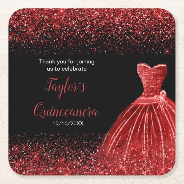 Dessous De Verre Carré Quinceanera Bright Red Faux Parties scintillant (Devant)