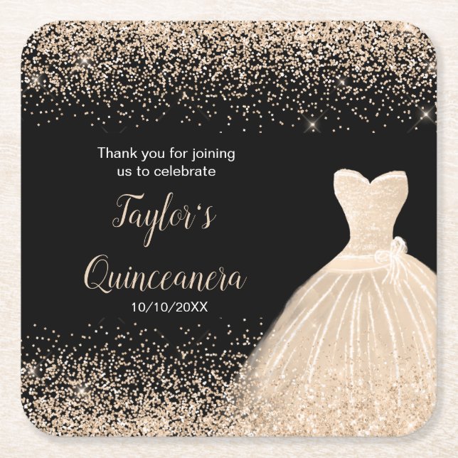 Dessous De Verre Carré Quinceanera Champagne Faux Parties scintillant (Devant)