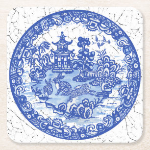 Dessous De Verre Carré Rabbit Chinoiserie Bleu Blanc Willow Unique