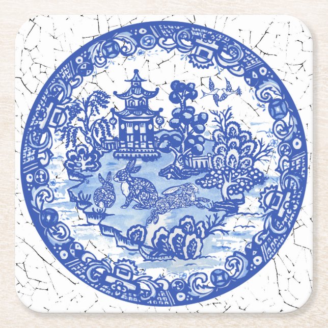 Dessous De Verre Carré Rabbit Chinoiserie Bleu Blanc Willow Unique (Devant)