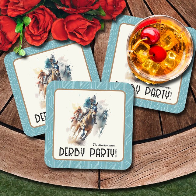 Dessous De Verre Carré Racehores Derby Party Turquoise (Racehorses and Jockeys Derby Party Turquoise Square Paper Coasters)