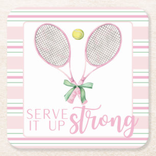 Dessous De Verre Carré Raquette de tennis rose "Servez fort" 