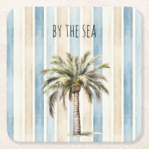 Dessous De Verre Carré Rayures Crème Bleues Palmier Tropical