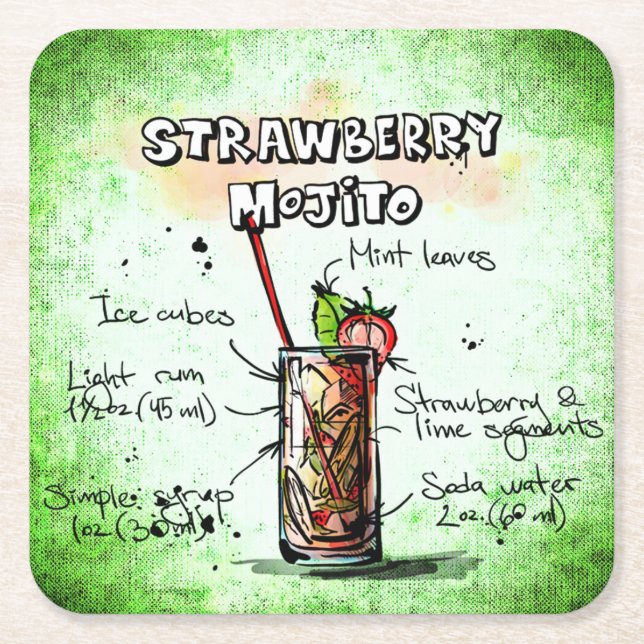 Dessous De Verre Carré Recette de boisson fraise Mojito (Devant)