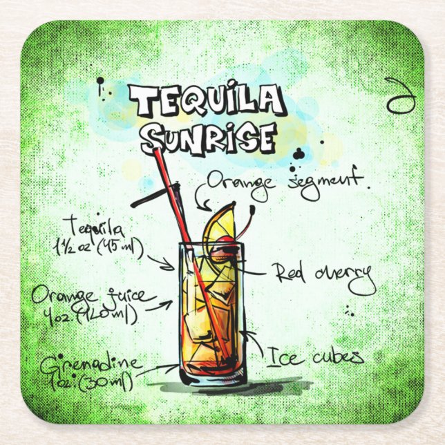 Dessous De Verre Carré Recette de boisson Tequila Sunrise (Devant)