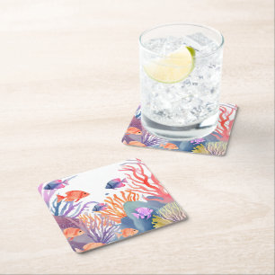 Dessous De Verre Carré Récif de Corail Poisson Coloré Aquarelle Océan