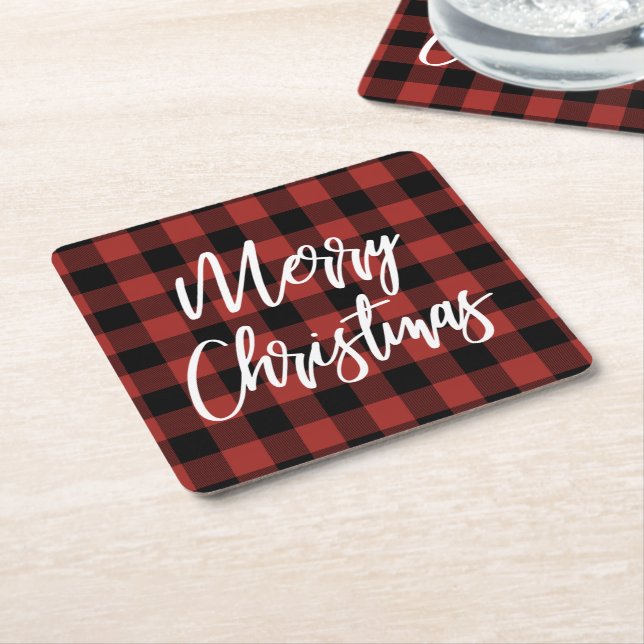 Dessous De Verre Carré Red Buffalo Check Plaid Joyeux Noël (Incliné)