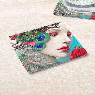Dessous De Verre Carré Red Lips et Rose Peacock Abstrait
