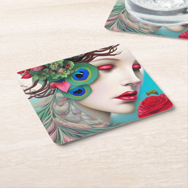 Dessous De Verre Carré Red Lips et Rose Peacock Abstrait (Incliné)