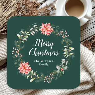 Dessous De Verre Carré Red Poinsettia Wreath Joyeux Noël