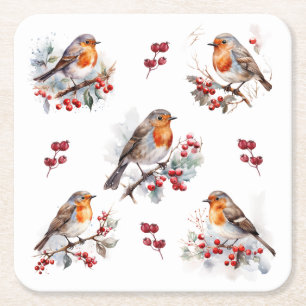 Dessous De Verre Carré Red Robin Holly Christmas