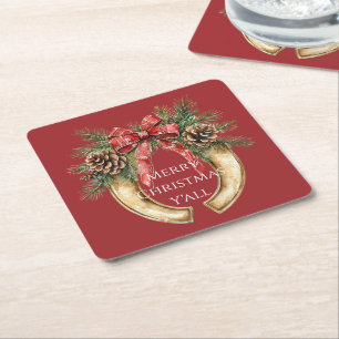 Dessous De Verre Carré Red Western Gold Horse Chaussure Pine de Noël cône